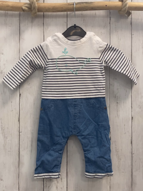   Overall Gr. 68  weiß blau gestreiftes Oberteil mit mint Wal gefütterte Jeanshose 