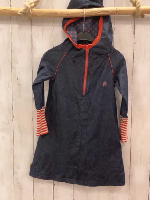 Albakid  Kleid  Gr. 110  blau Jeans Kapuze roter Bund + Reißverschluss rot weiß gestreifter Ärmelbund 