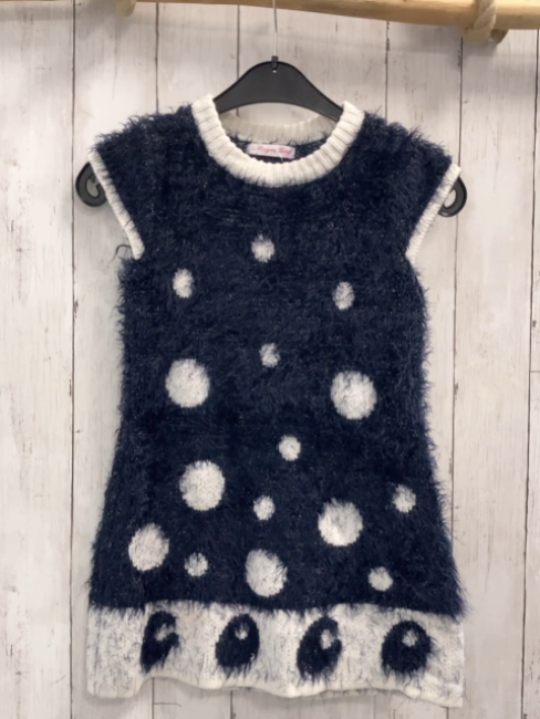   Kleid  Gr. 128  blau mit silber Glitzer weiße Punkte + weißer Bund Strick 