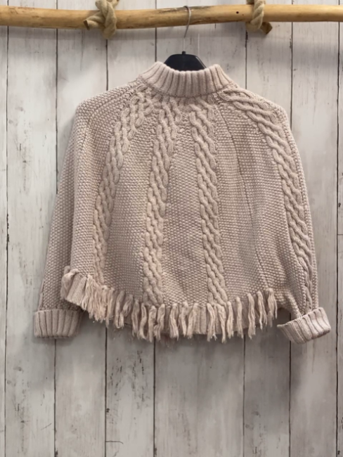 Lulurain  Poncho  Gr. 116  zartrosa Strick Zöpfe Glitzerpunkte Fransensaum 
