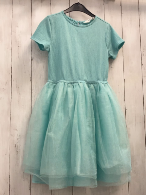 H&M  Kleid  Gr. 134  türkis Oberteil mit Struktur glänzender Tüllrock 