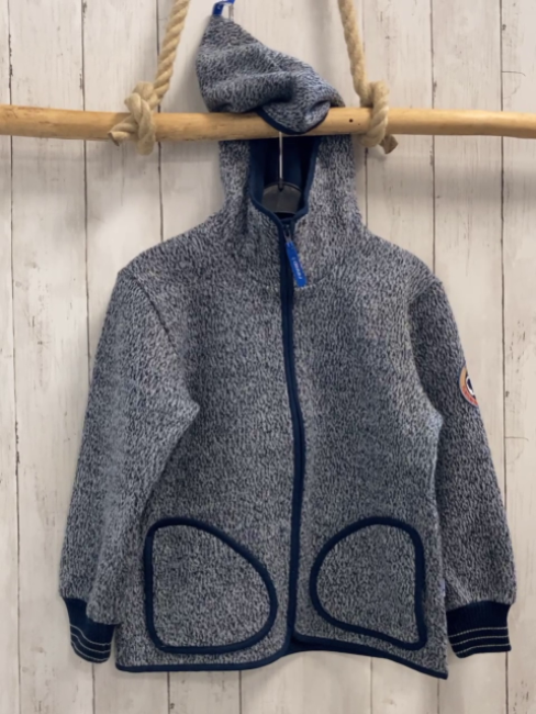 Finkid  Strickjacke  Gr. 128  hellblau grau hellgrau meliert blauer Bund Kapuze 55% Wolle