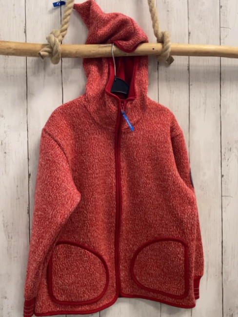 Finkid  Strickjacke  Gr. 128  rot weiß meliert roter Bund Kapuze 55% Wolle