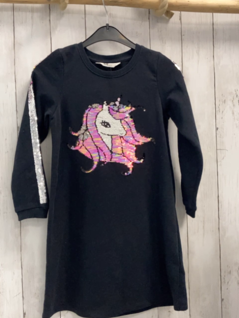 H&M Kleid Gr. 122  schwarz Pailetteneinhorn + Streifen