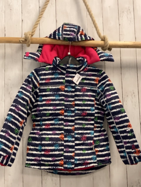  Jacke Gr. 128  blau weiße Streifen bunte Schneeflocken