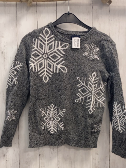 Lands´ End Pullover Gr. 146  grau meliert weiße Schneeflocken