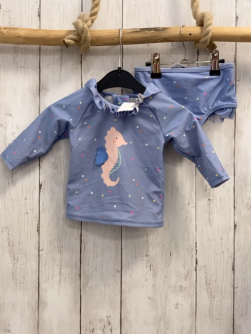 2tlg M&S UV-Schutzsert  Gr. 68  hellblau bunte Punkte Seepferdchen 