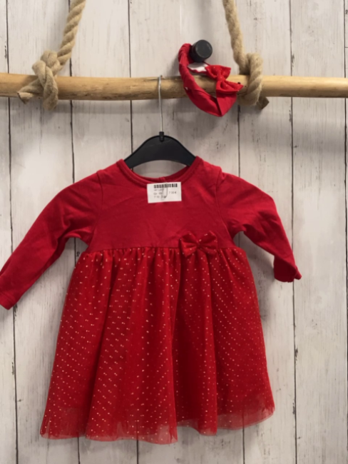 2tlg  Kleid + Stirnband  Gr. 68  rot Tüllüberrock mit goldenen Glitzerpunkten 