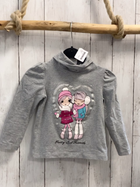  Langarmshirt Gr. 98  grau Rollkragen 2 Mädchen silber Glitzerherz