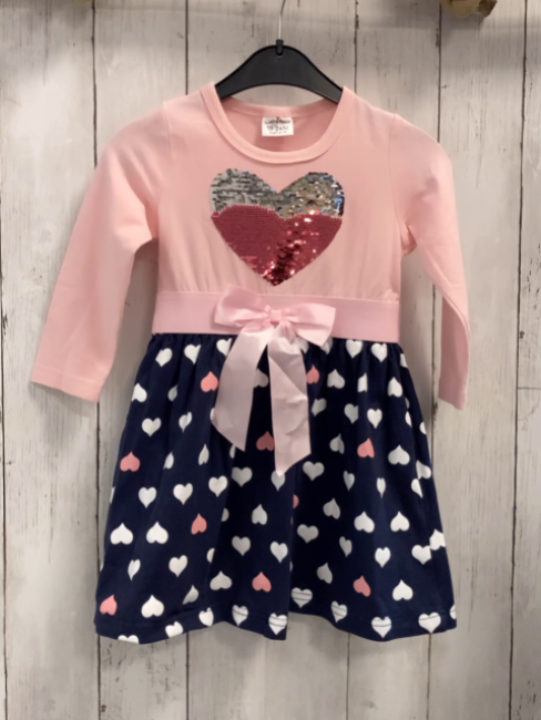   Kleid  Gr. 92  rosa Oberteil mit Pailettenherz blauer Rock mit weiß + rosa Herzen rosa Schleife 