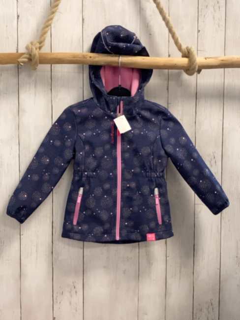   Softshelljacke  Gr. 98  blau graue Kreise aus Strichen bunte Punkte rsa Reißverschlüsse + Fleecefutter 