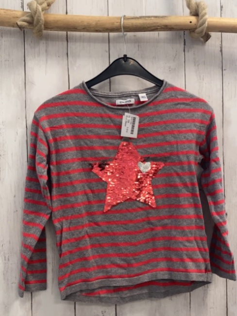 Okaidi Pullover Gr. 128  grau rot gestreift Pailettenstern Strick