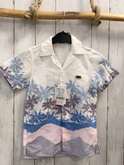 neu US Polo Assn  Sommerhemd  Gr. 110  weiß + rosa weiße Streifen + blaue weiße Streifen + hellblau graue Palmen 