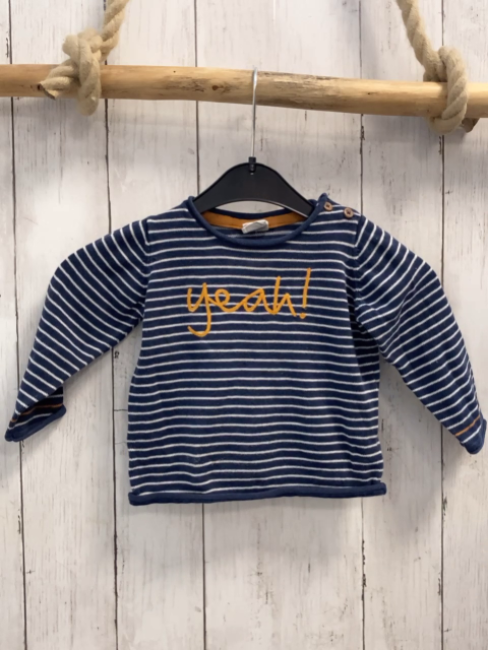  Pullover  Gr. 74  blau weiße Streifen Strick ocker Schrift 