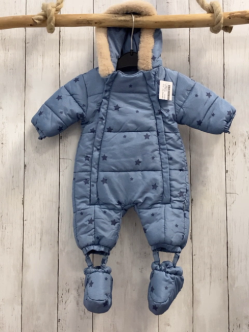 2tlg Staccato  Winteroverall + Schühchen  Gr. 50/56  hellblau grue Sterne Kapuze mit beige Fellbund 