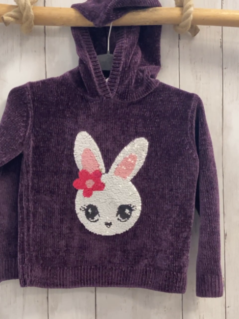 Dopodopo Pullover  Gr. 116  brombeere Strick Kapuze Pailettenhasenkopf 