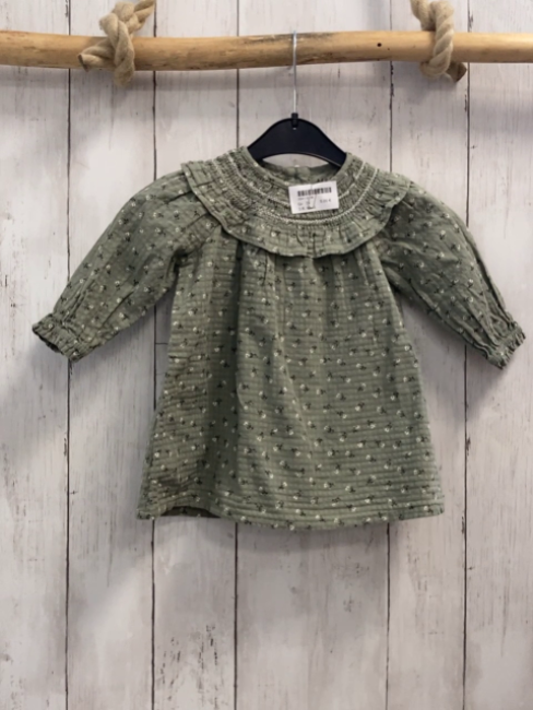 M&S  Kleid  Gr. 74  kiwi Struktur weiße Blüten schwarze Blätter 