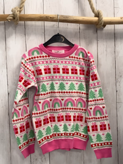 H&M  Pullover  Gr. 122/128  weiß rosa Strick Geschenke Tannen Bögen Herzen 