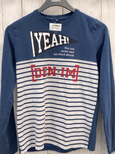   Langarmshirt  Gr. 158/164  blau + weiße Streifen + Schrift 