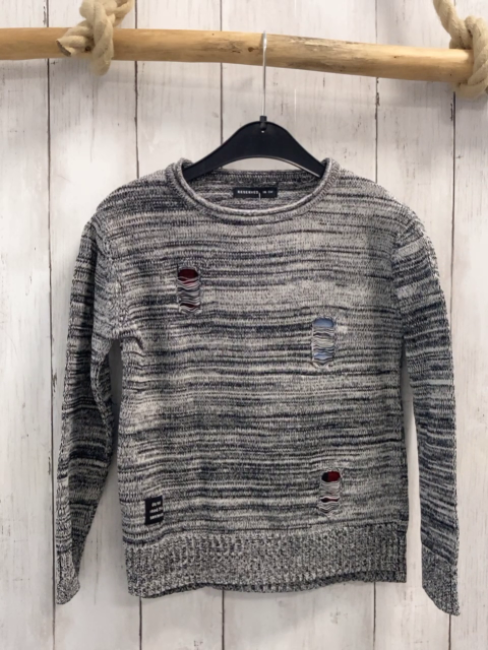 Reserved  Pullover  Gr. 116  grau hellgrau meliert schwarze Aufnäher an den Ellenbogen