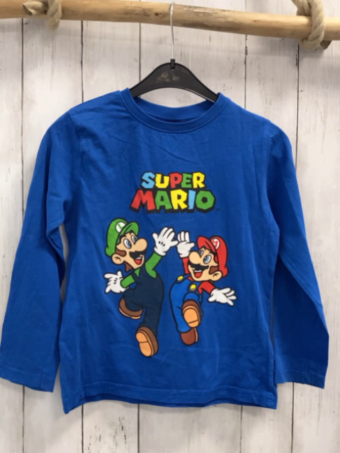 Super Mario  Langarmshirt  Gr. 122  blau Super Mario und Luigi bunte Schrift 