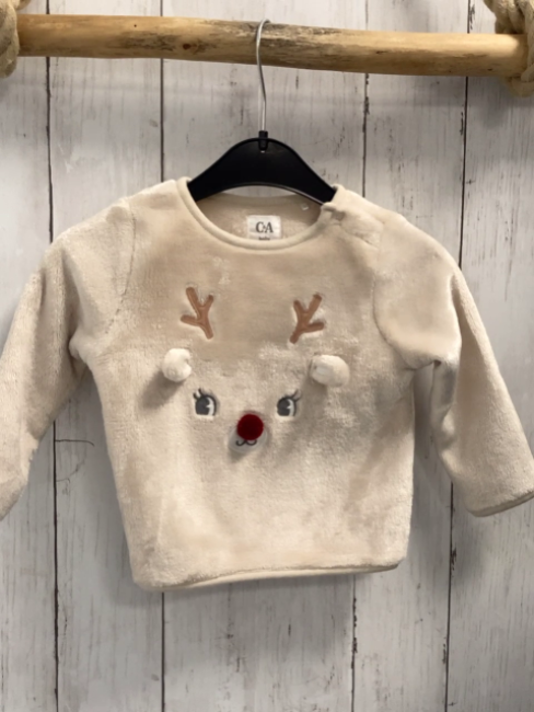   Pullover  Gr. 74  creme Plüsch Elch mit roter Plüschnase 