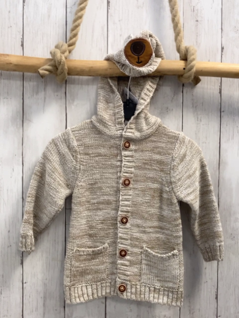 Waikiki  Strickjacke  Gr. 80  beige weiß meliert Kapuze mot Ohren 