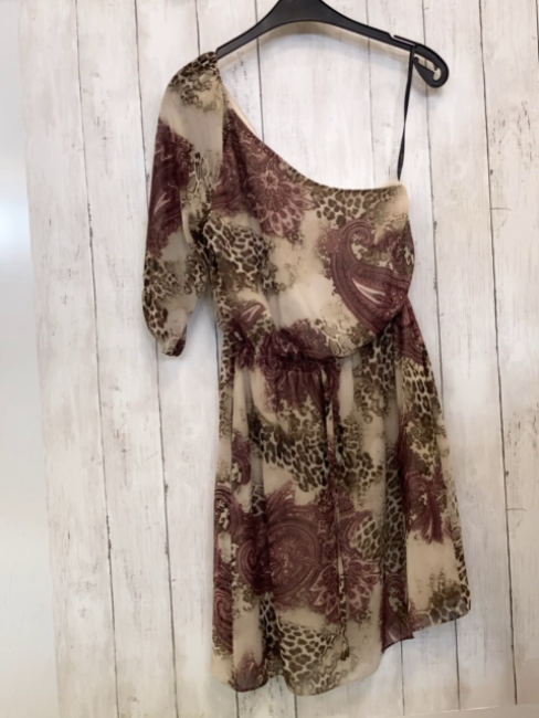 Guess  Kleid  Gr. 36  beige weinrot brauner Blumendruck 1 Seite schulterfrei 