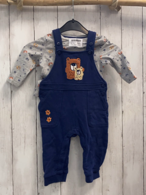 2tlg manguun Langarmshirt + Latzhose Gr. 74  grau Tierköpfe + blau Plüschtiere