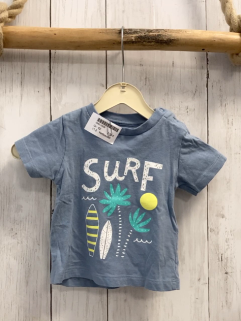 Vertbaudet  T-Shirt  Gr. 62  hellblau Surfbrett Palme Schrift 