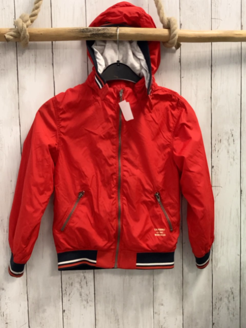 H&M  Jacke  Gr. 128  rot Kapuze grau rot weißer Streifenbund 