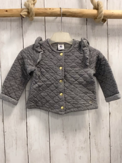 Petit Bateau  Sweatjacke  Gr. 80  grau hellgrau kariert Rauten goldene Knöpfe 