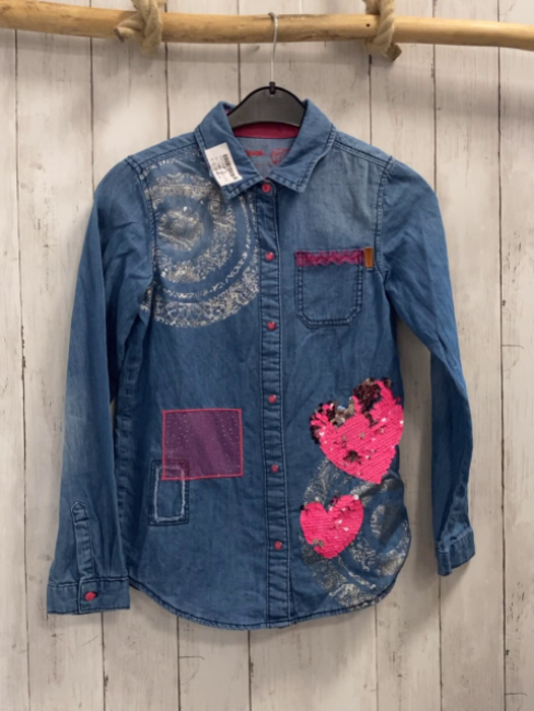 Desigual  Bluse Gr. 146/152  blau jeans Pailettenherzen silber Druck 