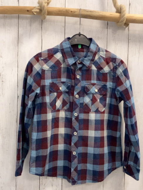 Benetton Hemd  Gr. 128  blau hellblau weinrot kariert 