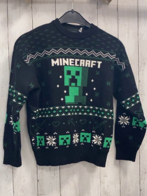 Minecraft Pullover Gr. 134  schwarz grün weiß Muster Strick