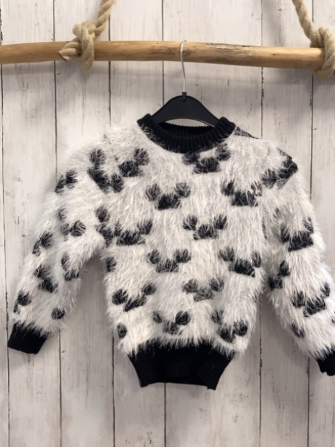   Pullover  Gr. 104  weiß Strick flusig schwarze Schleifen + Bund 