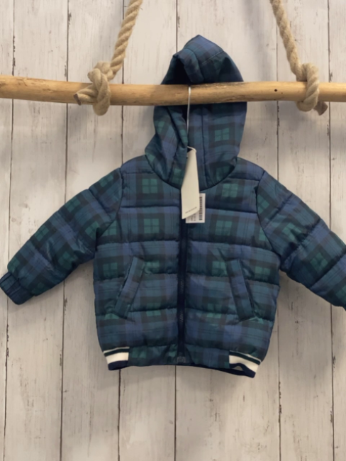 neu Tom Tailor  Winterjacke  Gr. 74  blau grün schwarz kariert blau weiß grüner Streifenbund blaues Teddyfutter 