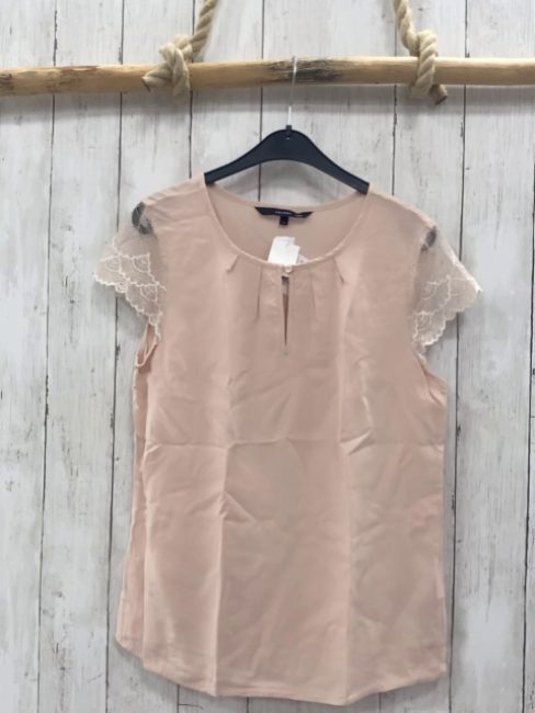 Vero Moda S Sommerbluse  rosa Netzärmel mit Blumenstickerei 