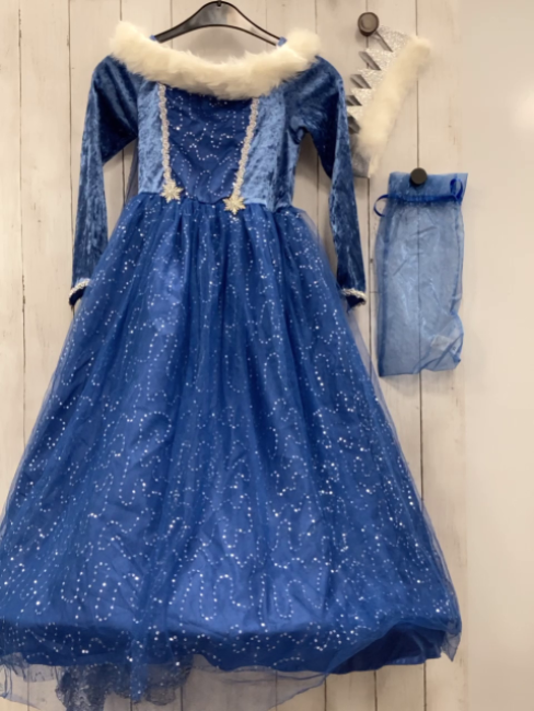 2tlg Gilian´s Closet  Karnevalkostüm  Gr. 128  blau mit Tüllüberkleid mit silber Punkte weißer Fellkragen Haarreifen mt silber Gliitzer + weißem Fell