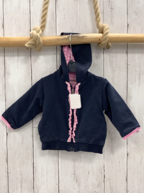 Kanz  Sweatjacke  Gr. 62  blau + rosa pink gestreifter Rüschenbund + Futter 