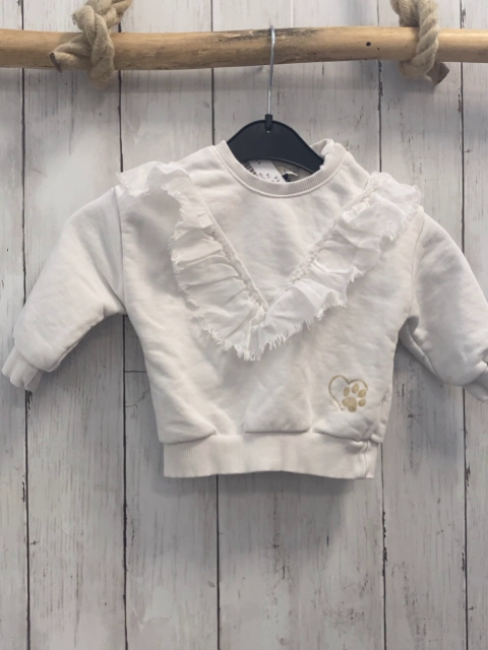  Pullover  Gr. 74  weiß Rüschen goldenes Herz + goldene Fußspuren 
