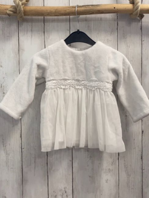   Kleid  Gr. 86  weiß Plüsch + Netzüberrock Blumenborte 