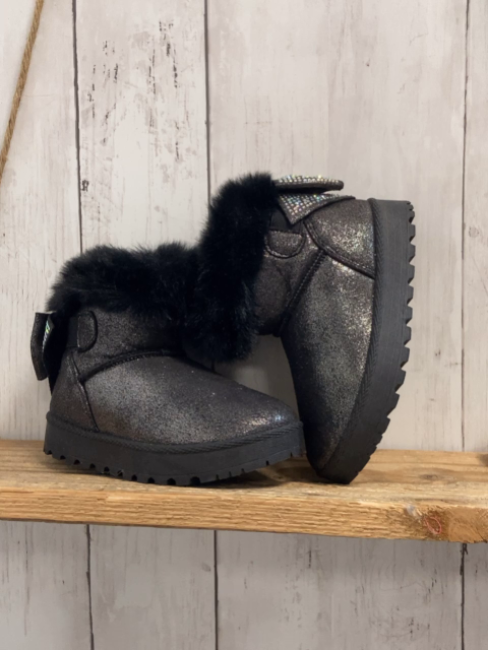 Melanie  Boots  Gr. 26  schwarz silber Glitzer schwarzer Fellbund Schleife mit silber Steinen 