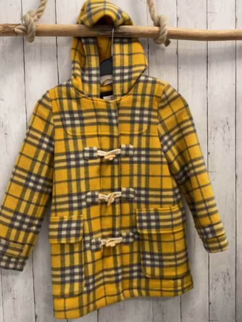 Esprit  Dufflecoat  Gr. 128  gelb grau weiß kariert 50 % Wolle Knebelknöpfe Kapuze 