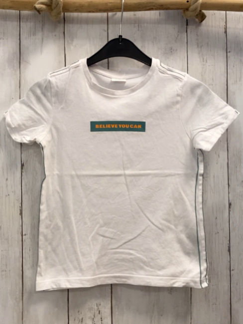 S´Oliver  T-Shirt  Gr. 116  weiß petrol Balken mit orange Schrift 