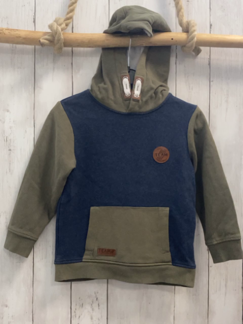  Pullover  Gr. 110  blau kiwi Ärmel Bauchtasche + Kapuze 