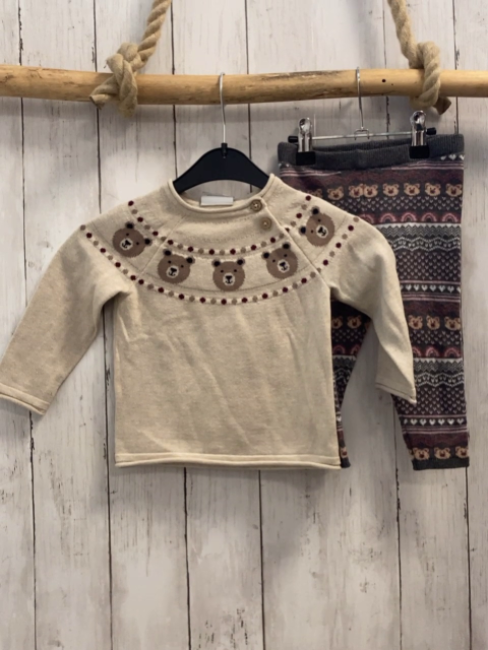 2tlg  Pullover + Leggings  Gr. 80  beige grau mit Muster + Bärenköpfen Strick