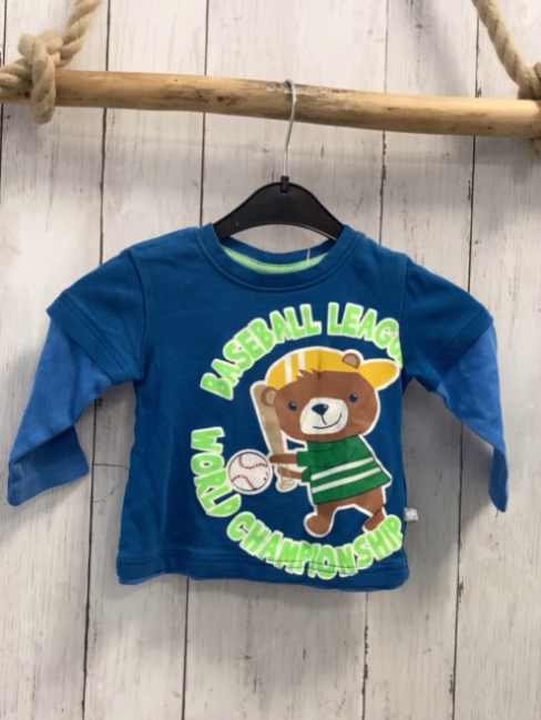   Langarmshrt  Gr. 86  blau hellbaue Ärmel Bär Baseball Schrift 