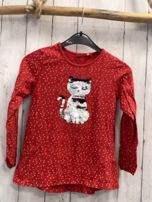   Langarmshrt  Gr. 128  rot weiße Herzen Pailettenkatze 