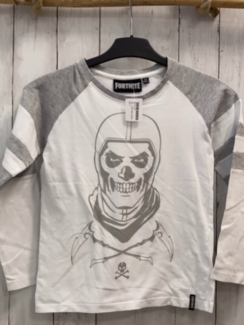   Langarmshirt  Gr. 134/140  weiß + graue Streifen Totenschädel 
